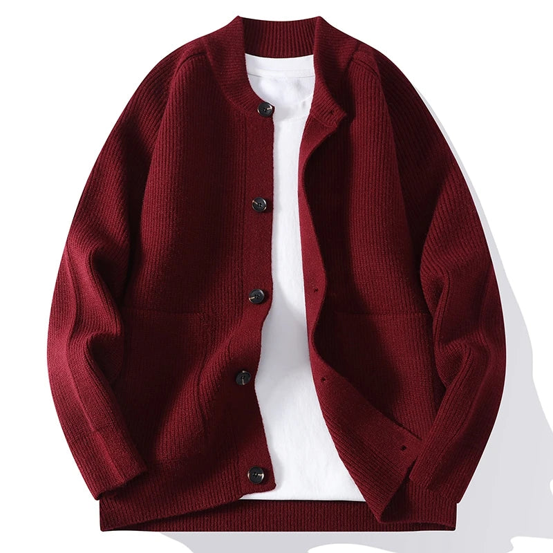 Men's Autumn Winter O-Neck Cardigan - Solid Colour Knit Sweater Coat