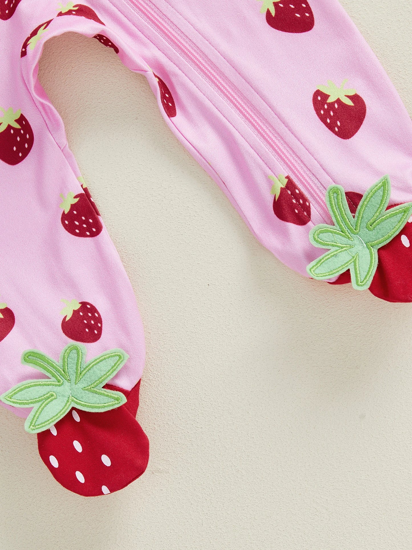 Baby Girls Boys Strawberry Print Romper - Long Sleeve Footed Jumpsuit 0-18M