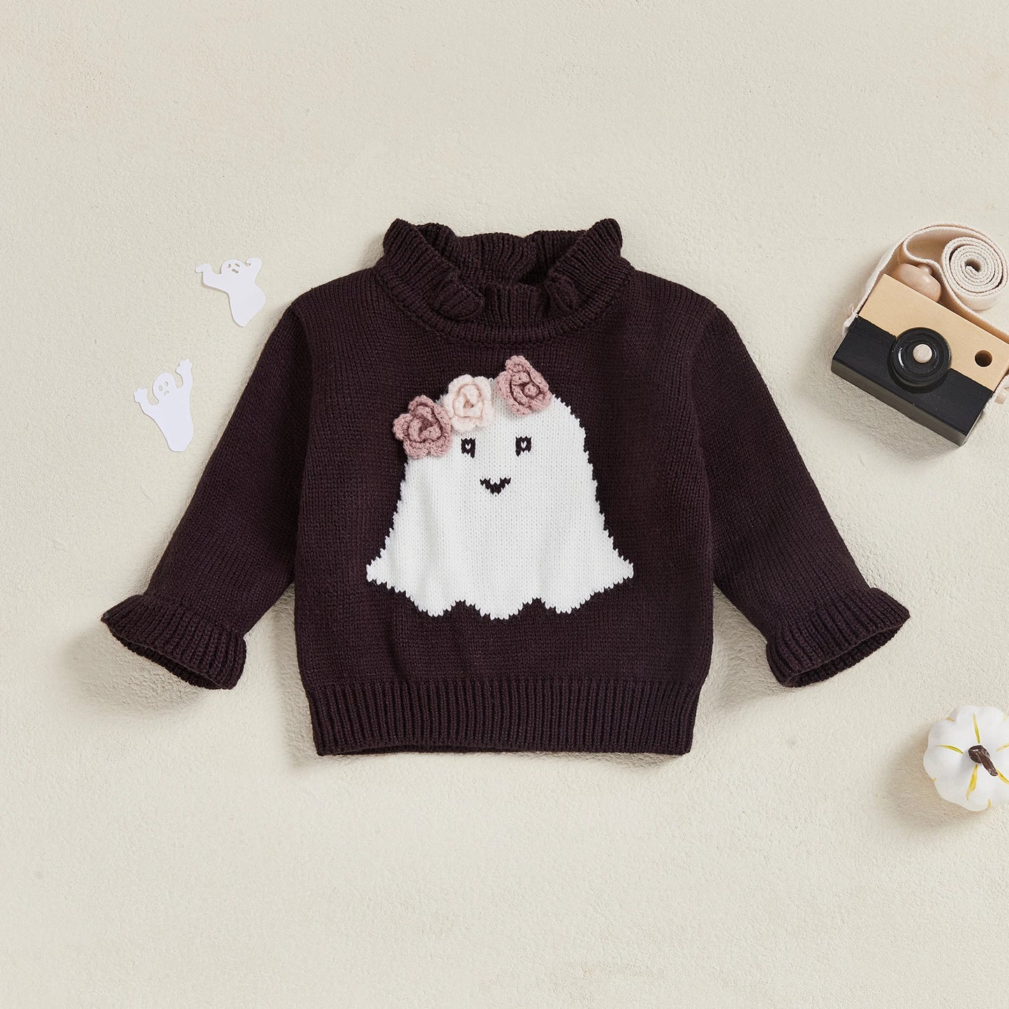 Baby Halloween Knit Sweater - Long Sleeve Ghost Embroidery Pullover