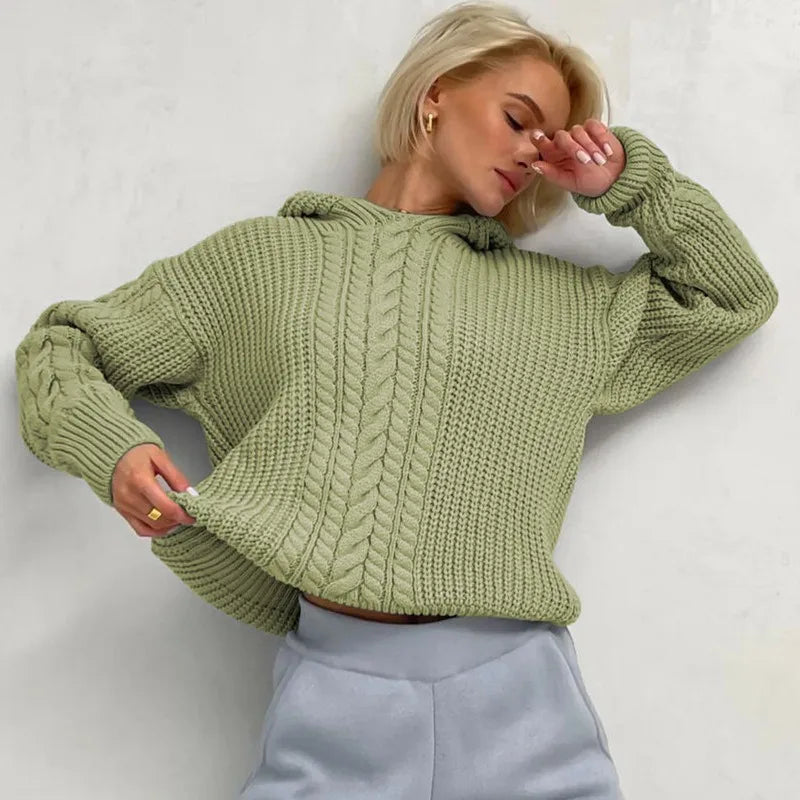 Women's Knitted Hoodie Loose Long Sleeve Pullover Sweater