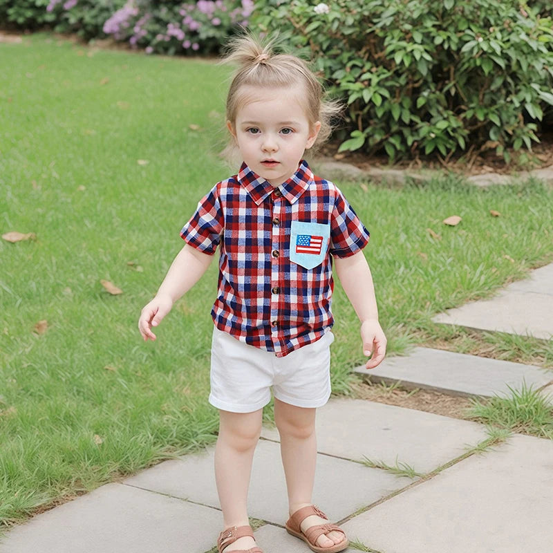 0-5Y American Flag Kids Boys Shirts Short Sleeve Plaid Print Button Down Shirts Toddler Summer Top