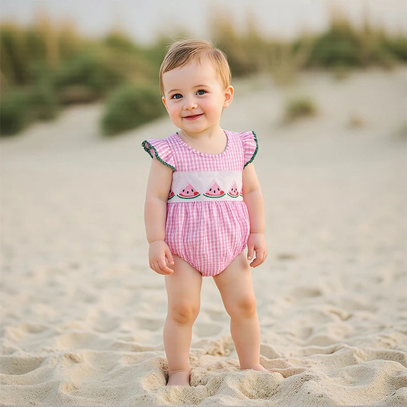 Baby Fruit Embroidery Romper - Ruffles Fly Sleeves Plaid Print Jumpsuit (0-18M)