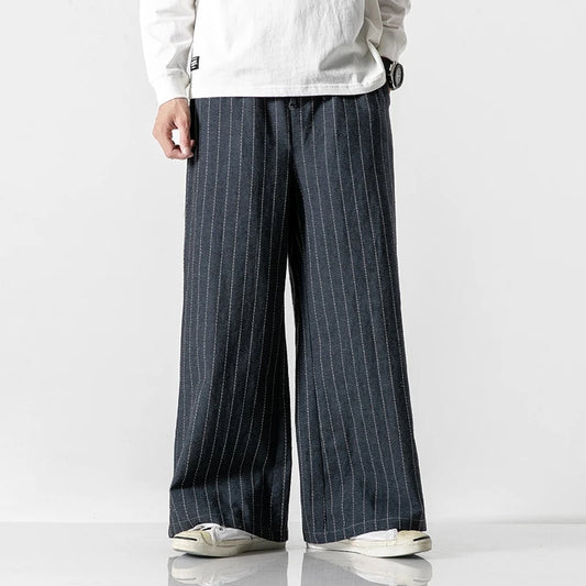 Men's Cotton Linen Wide Leg Pants Stripe Loose Harem Vintage Straight Casual Trousers