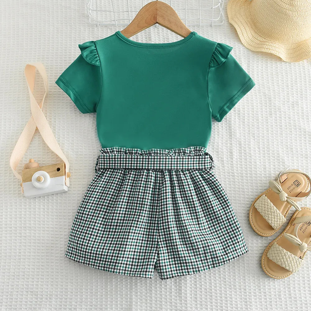 Girls Summer Flying Short Sleeve T-shirt and Bow Plaid Shorts Pants Set