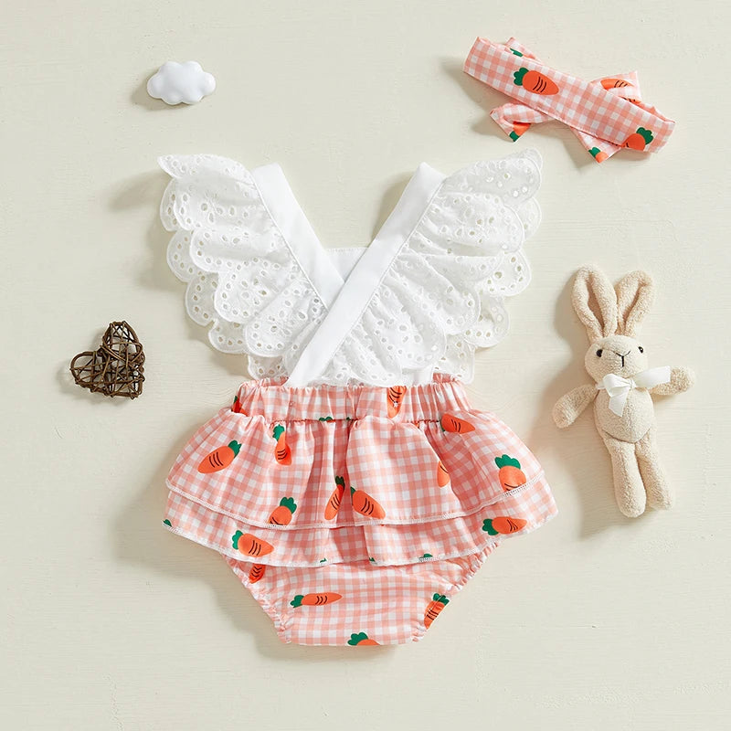 Baby Girls' Cartoon Print O-Neck Short Sleeve Romper | Pink & Orange