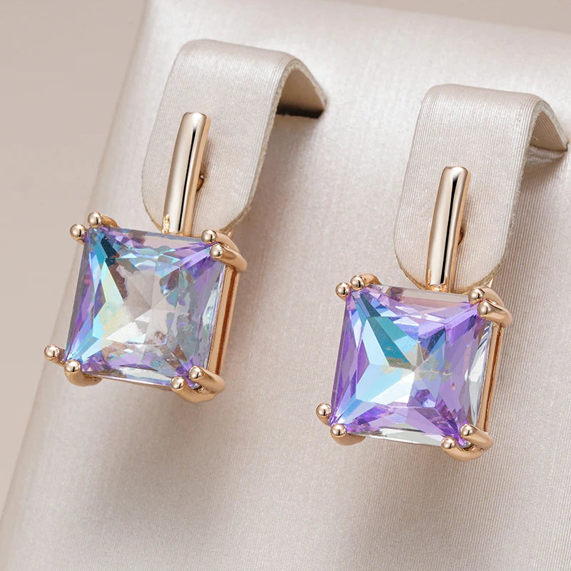 Square Purple Natural Zircon English Earrings for Women 585 Rose Gold