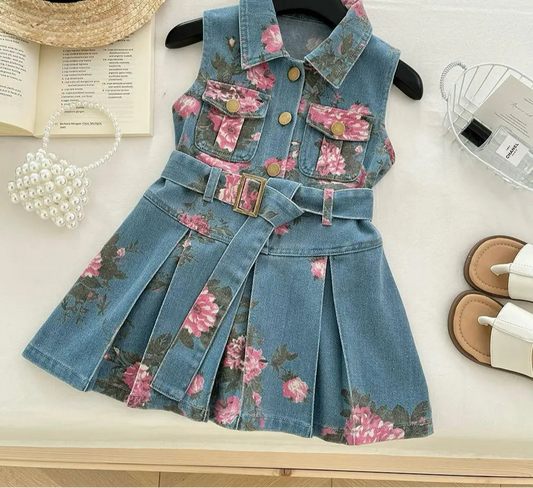 Girl's Summer Lapel and Sleeveless Printed Denim Belt Dress