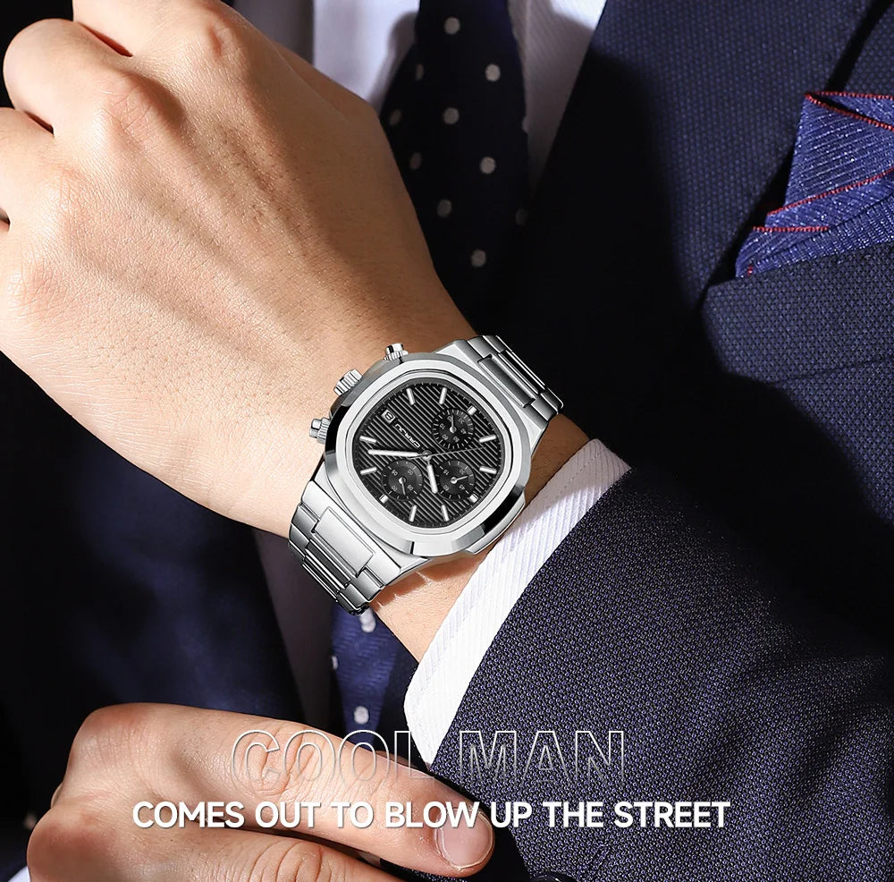 Men's Business Watch - Square Dial Stainless Steel with Luminous Date
