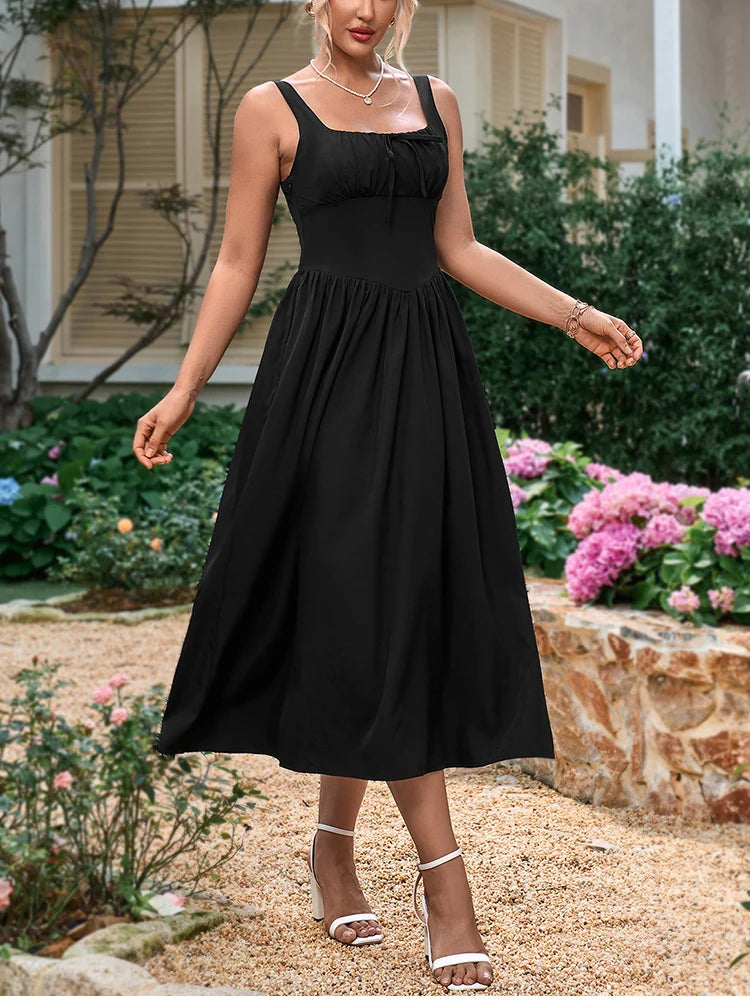Elegant Summer Midi Dress Square Neck Sleeveless Backless Pleated A-line Dress