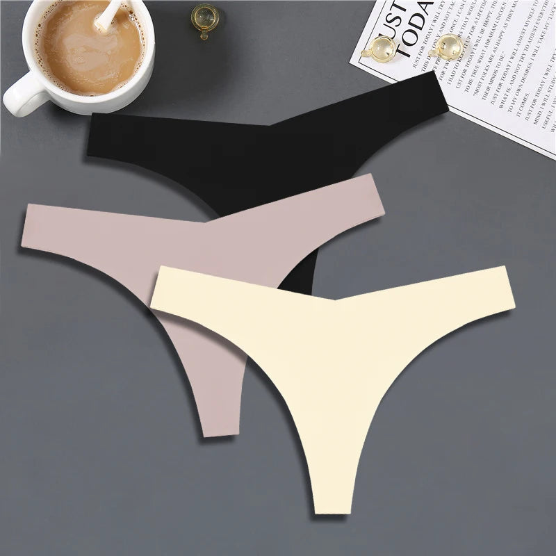 3PCS Women Ice Silk Seamless Underpants Panties, V-Waist Sport Thongs Low Rise 10 Solid Colours Breathable G-string