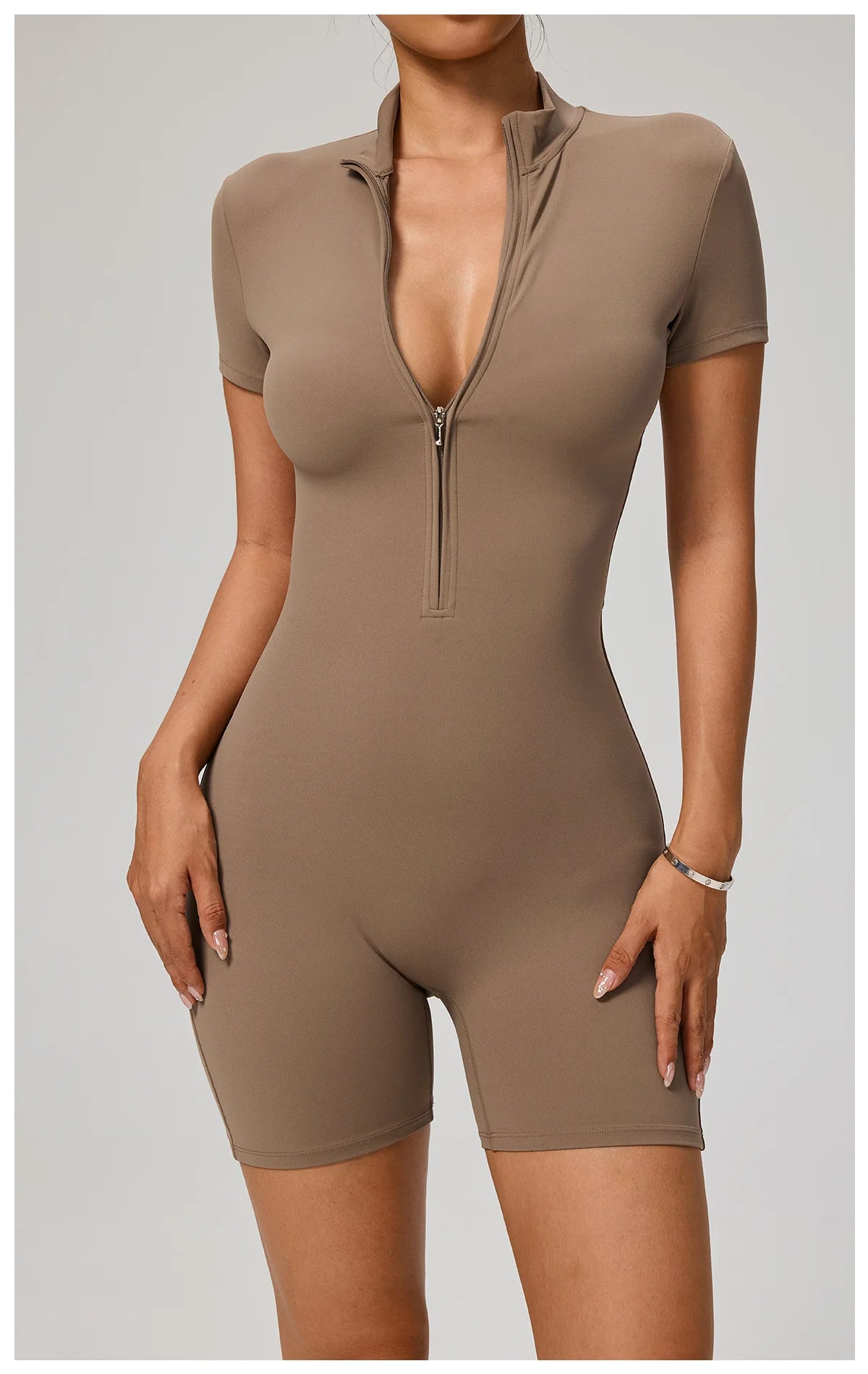 Zipper Front Jumpsuit - Short Sleeve Nylon Workout Set for Gym & Yoga