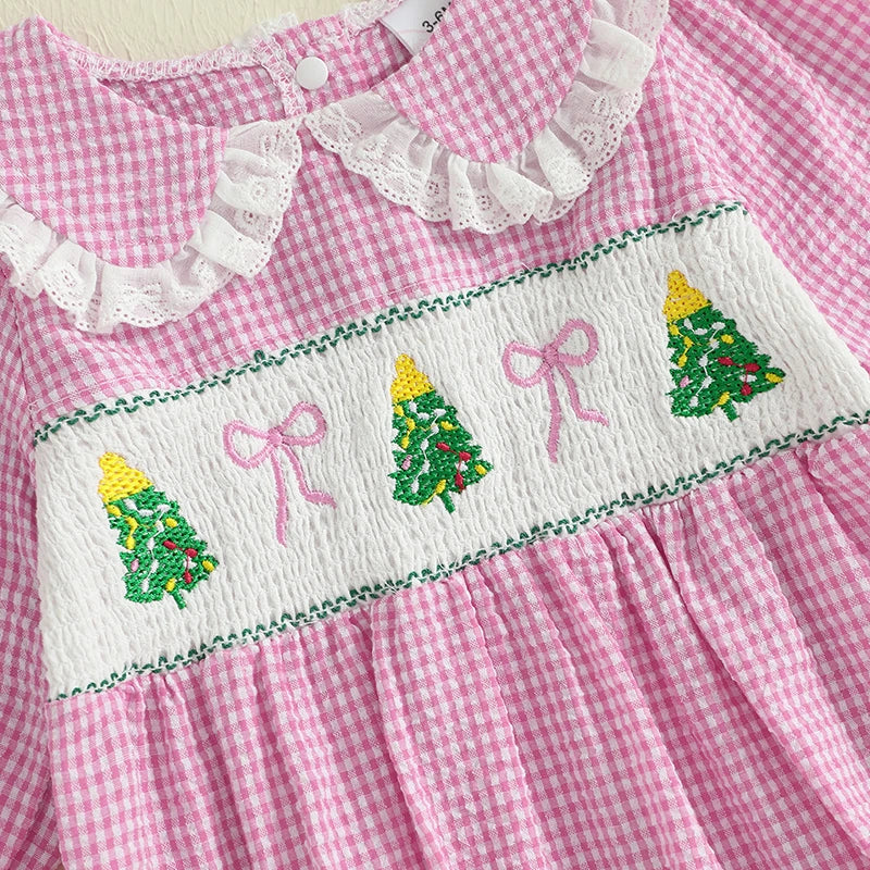 Baby Plaid Print Romper - Long Sleeve Bow Embroidery Doll Collar Jumpsuit