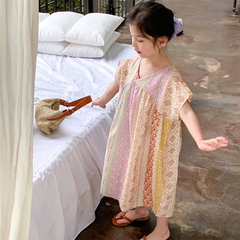 Girl's Summer V-neck Geometric Pattern Printed  Beach Casual Dress