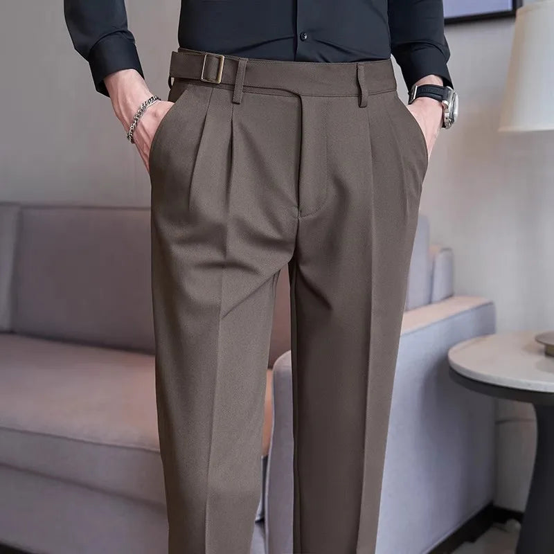 Men's Slim Fit Suit Trousers - High Waist Smart Casual Pants