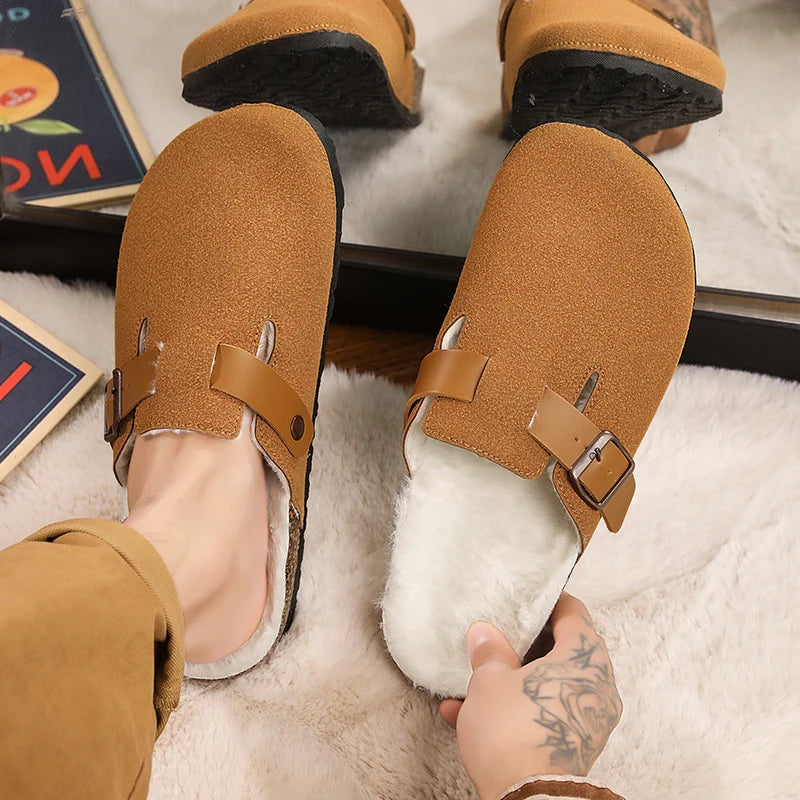 Winter Plush Slippers - Men's Warm Closed Toe Buckle Design Clogs