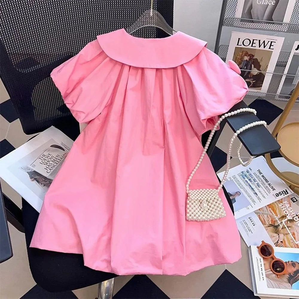 Girl's Summer Polo Collar 3D Love Decal Bubble Sleeve Princess Dress