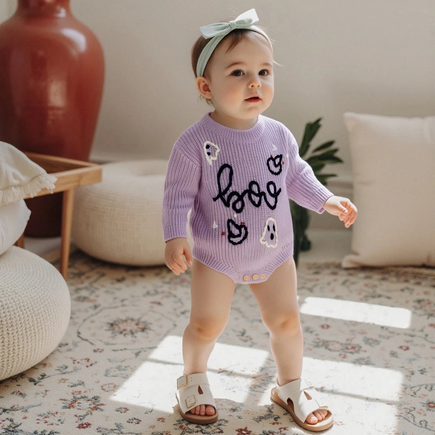 Newborn Baby Halloween Sweater Romper - Ghost Letter Embroidered Long Sleeve Jumpsuit