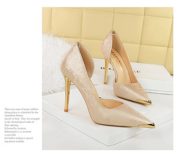 Women's 11CM Heels Silks Satins Metal Pointed Toe High Heels Shoes