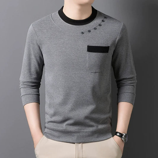 Men's Patchwork O-Neck Knit Pullover - Smart Casual Warm Sweater with Pocket