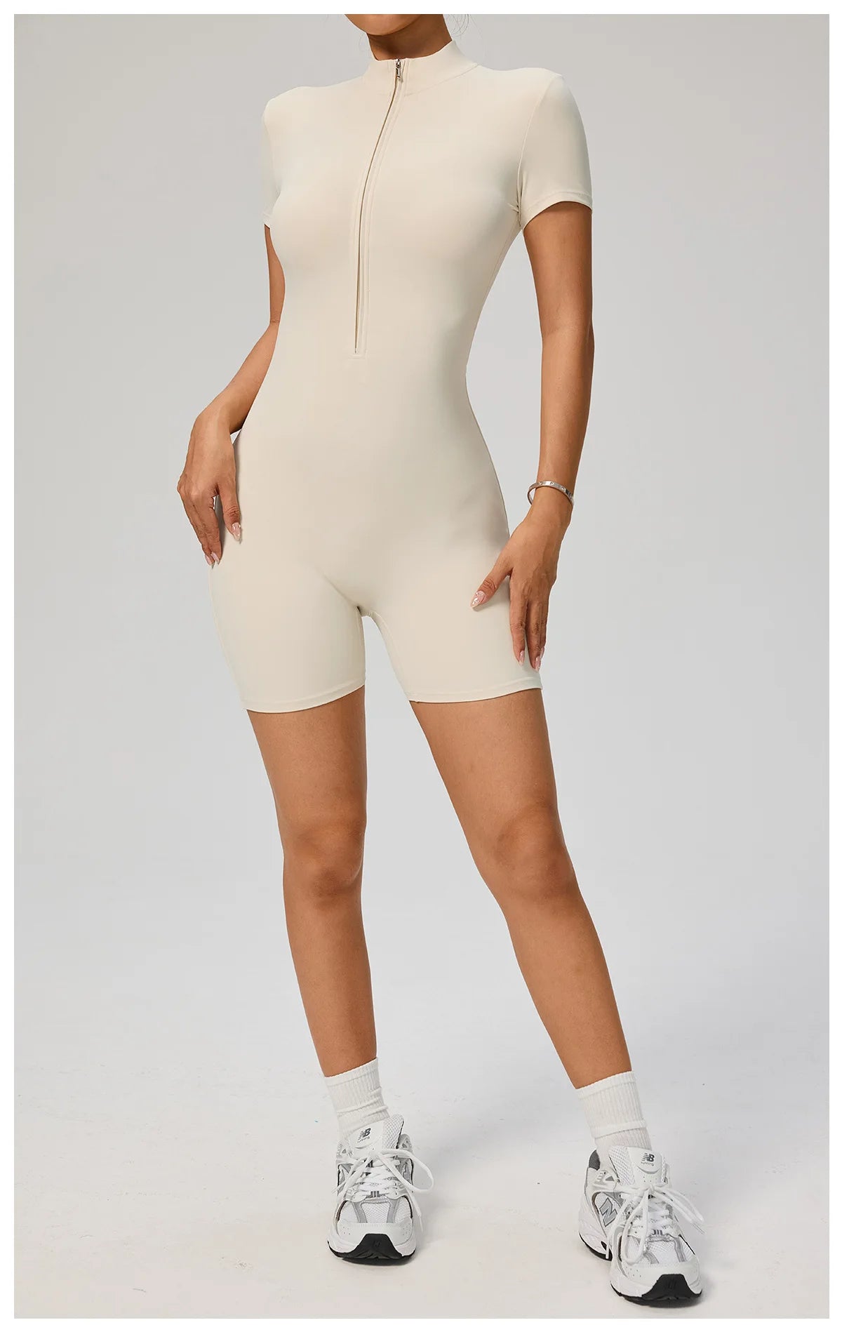 Zipper Front Jumpsuit - Short Sleeve Nylon Workout Set for Gym & Yoga