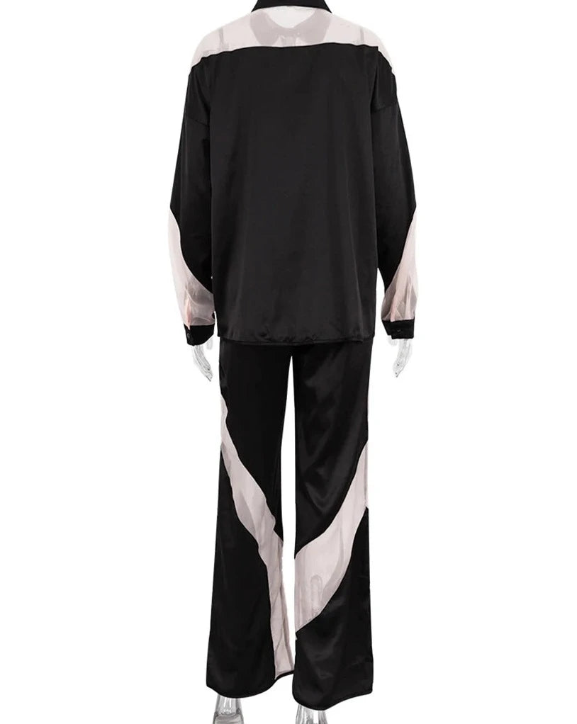 Women's  Loose Spliced High Waist Trousers and  Long Sleeve Shirts 2 Piece Set Outfit