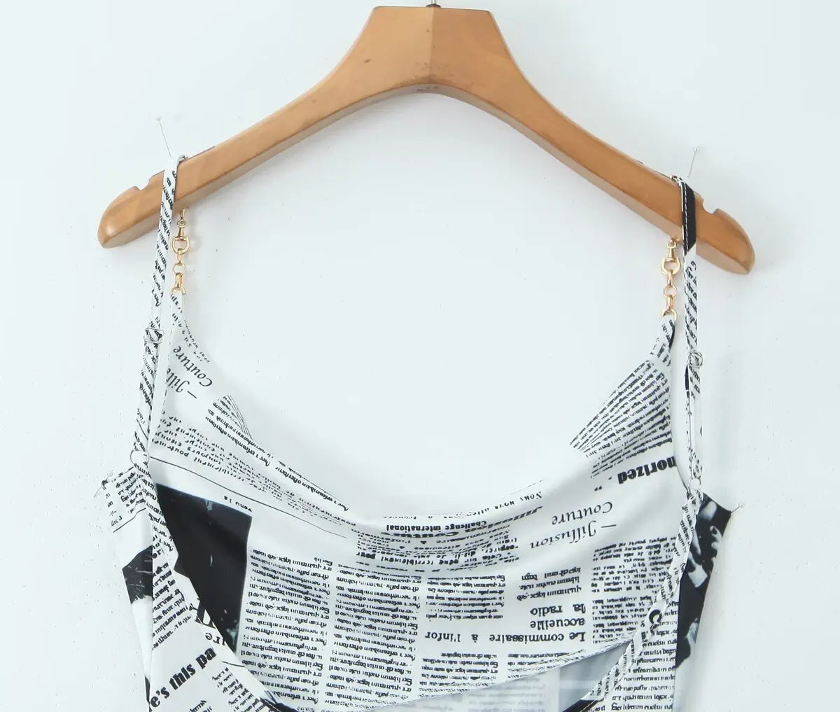 Newspaper Print Sling Dress - Backless Chain Strap Dress