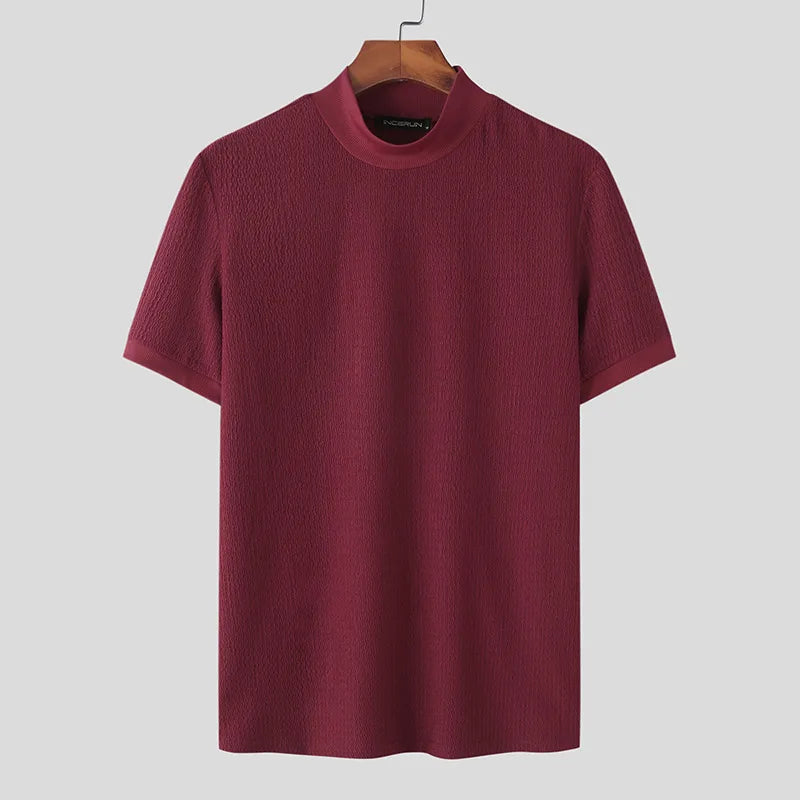 Men Solid Colour Turtleneck  Short Sleeve  T Shirt