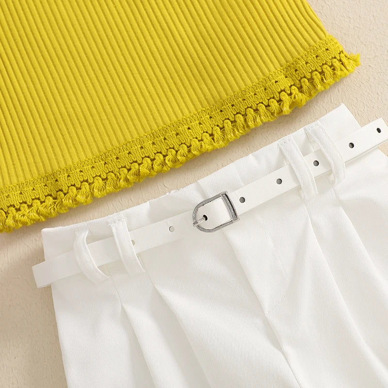 1-5Y Kids Girl's Summer Clothes Set Sleeveless Ribbed Halter Cami Top and Shorts with Belt