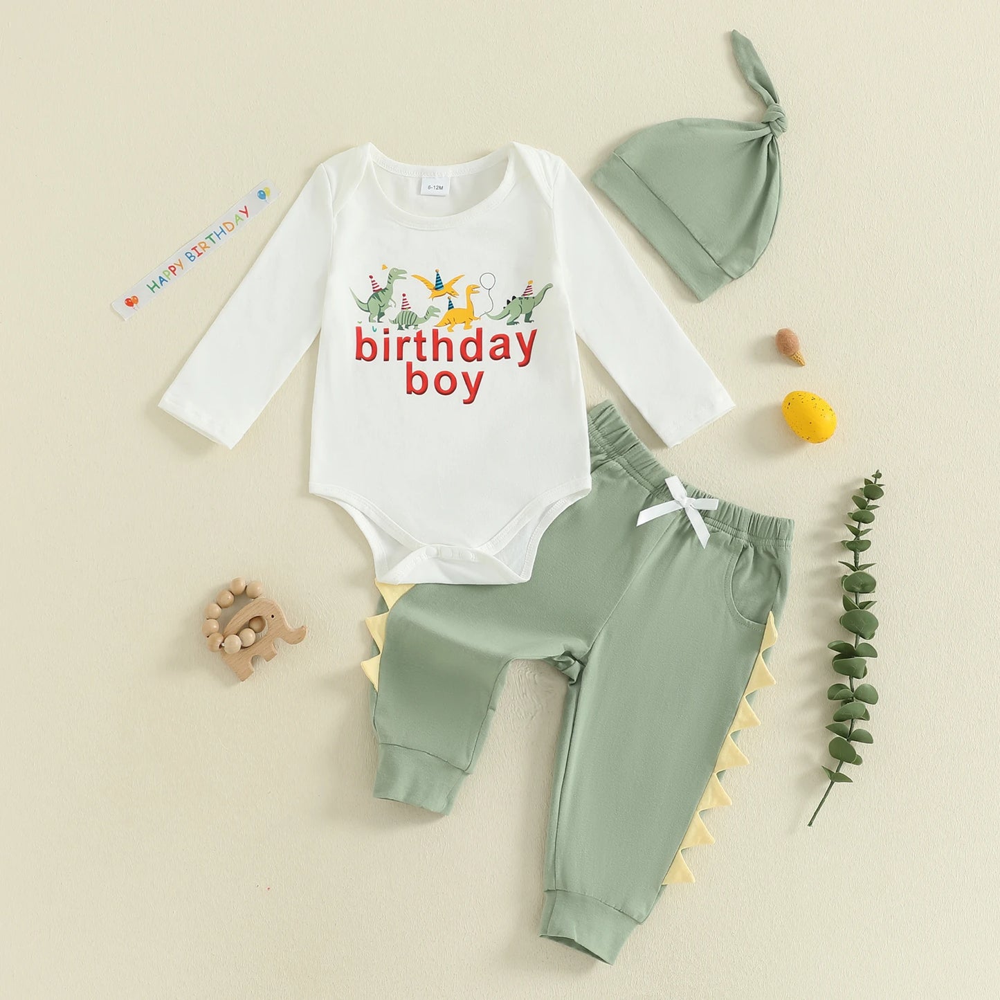 Baby Boys Dinosaur Outfit Set - 3-Piece Long Sleeve Romper, Pants & Hat (0-24M)