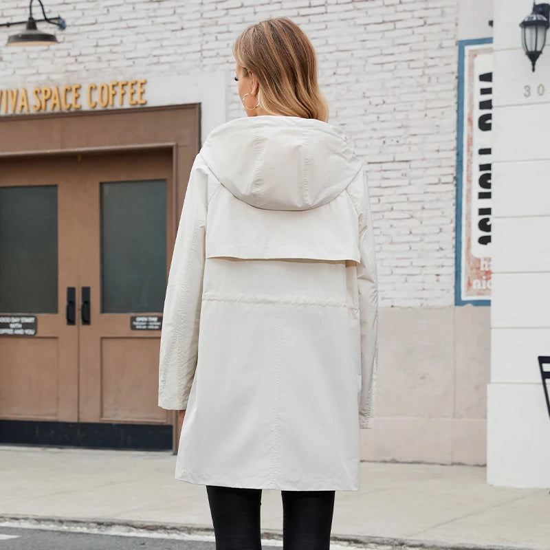 Hooded Trench Coat with Drawstring Waist