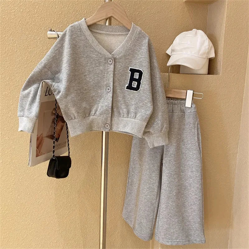 Girl's Casual Baseball Jacket and Wide Leg Pants 2PCS