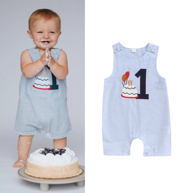 0-18M Baby Boys Overalls Romper Sleeveless Letter Embroidery Cake Striped Birthday Jumpsuits