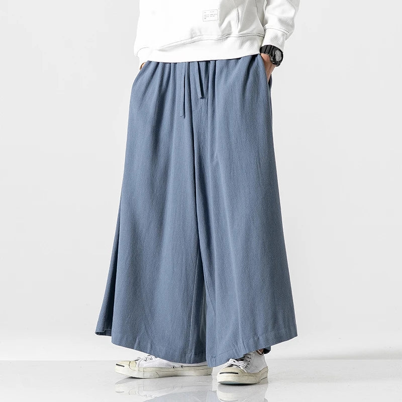 Men's Loose Wide Leg Cotton Linen Trousers with Elastic Waist
