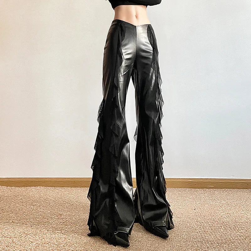 Women's Mesh Splicing PU Flare High Waist Slim Fit Black Long Trousers