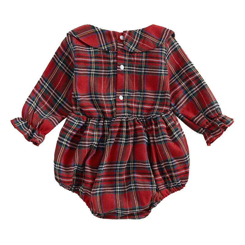 Christmas Santa Embroidery Peter Pan Collar Romper - Baby Girls Plaid Jumpsuit