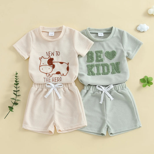 0-4Y Toddler Baby Boys Casual Clothes Sets Letter Cow Embroidery Short Sleeve T Shirts Tops with Elastic Waist Shorts