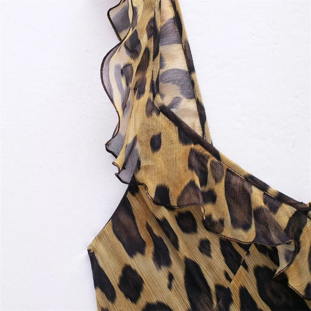 Women's Spring and Summer  Temperament Ruffle Edge Leopard Print Dress