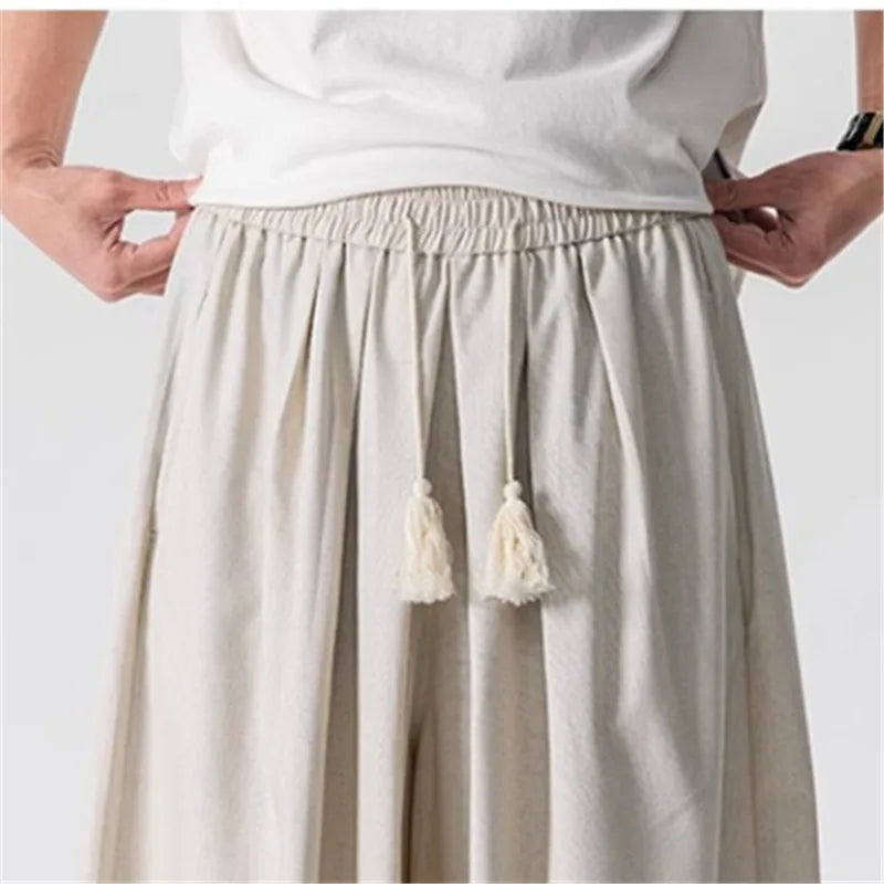Men's Chinese Style Loose Wide Leg Summer Cotton Linen Casual Trousers