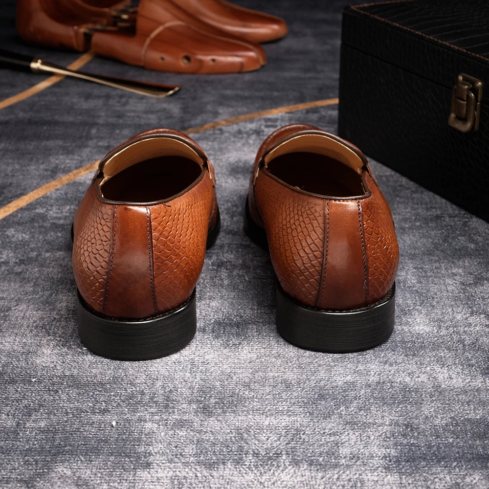 Men's Genuine Leather Snake Pattern Loafers – Pointed Slip-On Dress Shoes