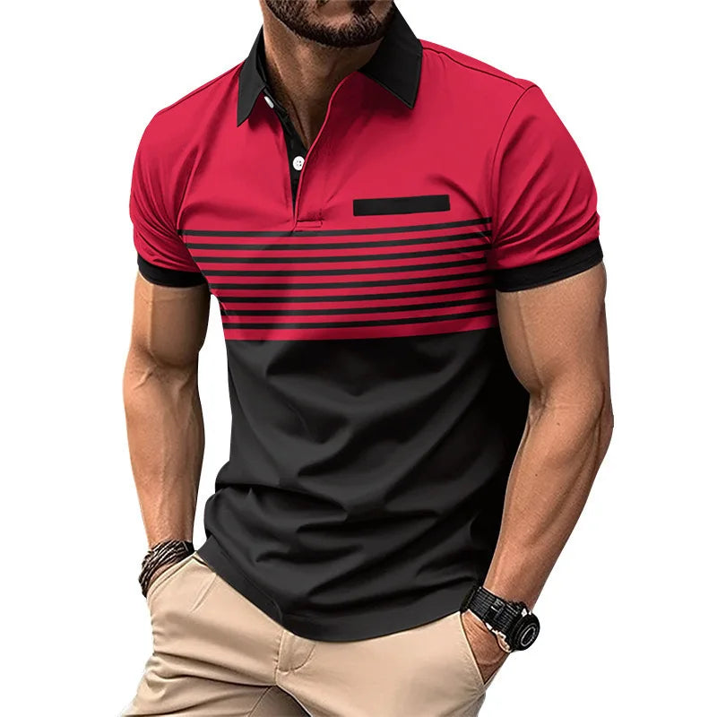 Men's Summer Polo Patchwork Short Sleeve Smart Casual Striped Turn Down Collar Shirt