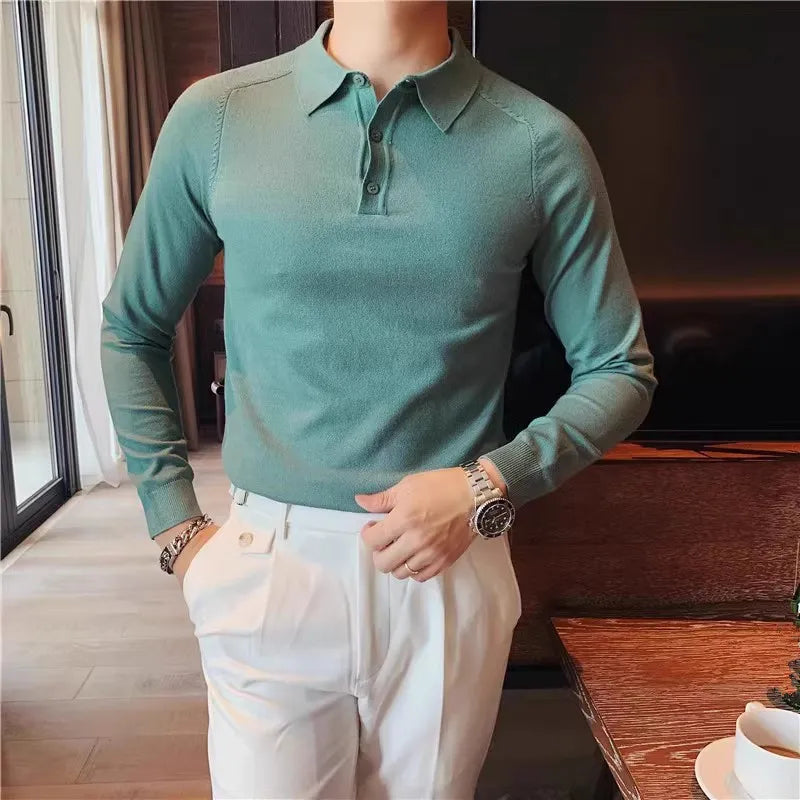 Slim Fit Knitted Polo Shirt - Long Sleeve Solid Turn Down Collar