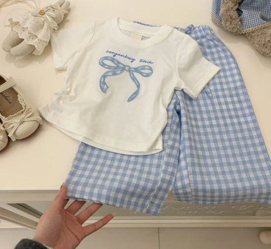 Girls Korean Style Two-Piece Set - Bow Print T-Shirt & Checkered Wide Leg Pants