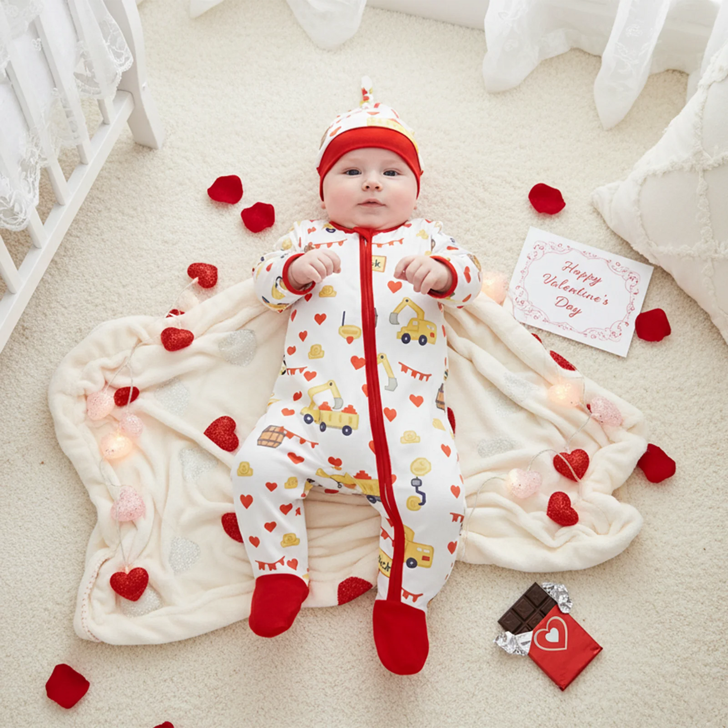 Baby Boys Girls Valentine's Day Romper Set - Excavator Heart Print Jumpsuit with Hat 0-18M