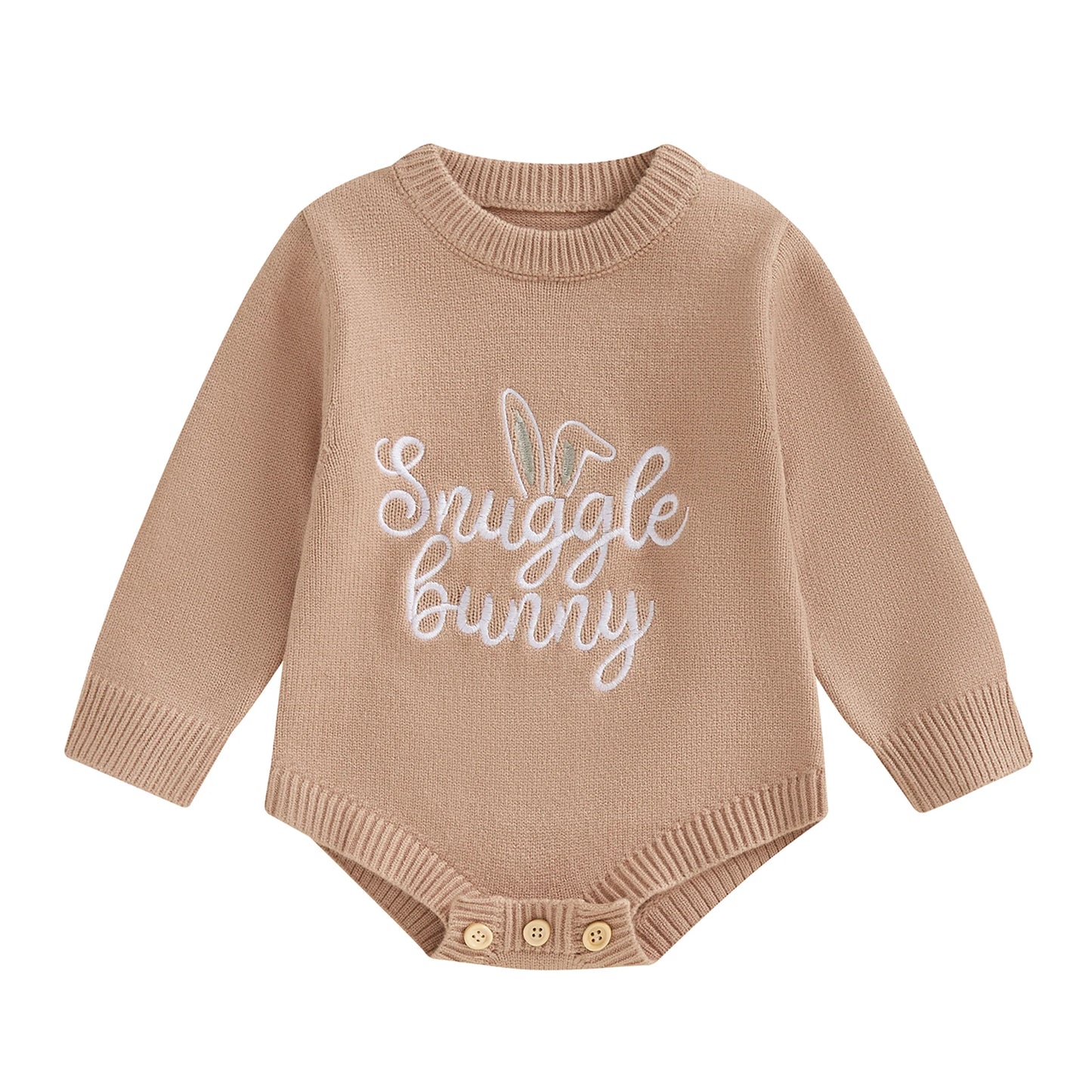 Baby Unisex Knit Long Sleeve Romper | Letter & Rabbit Festival Print | O-Neck | Covered Button | Cotton Blend | All Seasons | 3–18 Months