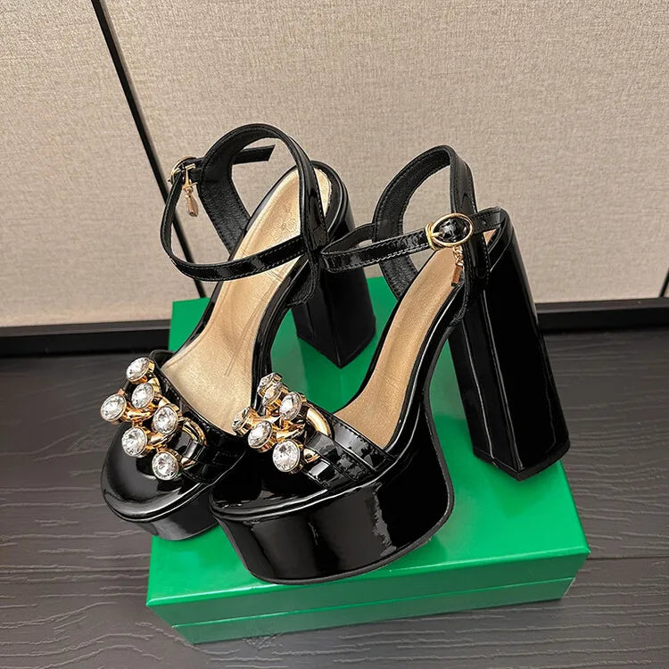 Women's Butterfly Rhinestone Thick Heel Sandals - Open Toe Party Shoes