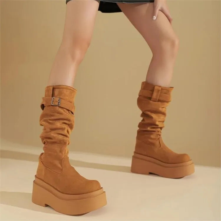 Women's Suede  Round Toe Knee High Buckle Pleats Boots