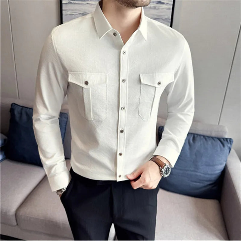 Men's Minimalist Slim Fit Shirt - Long Sleeve Solid Colour Smart Casual Pocket Blouse