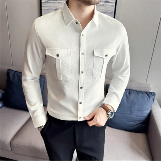 Men's Minimalist Slim Fit Shirt - Long Sleeve Solid Colour Smart Casual Pocket Blouse