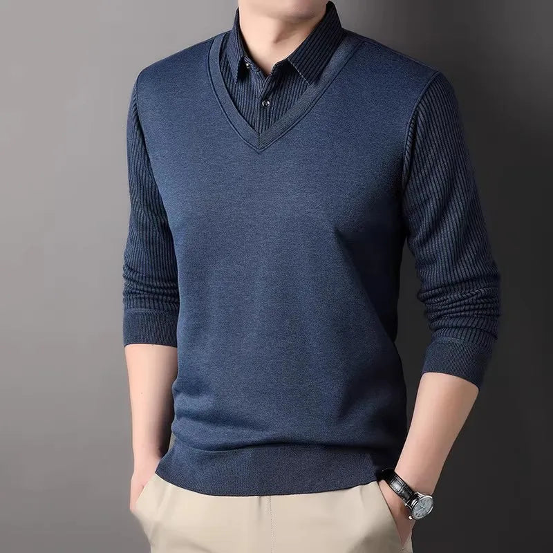 Men's Winter Fleece Knit Sweater - Smart Casual Layered Collar Pullover