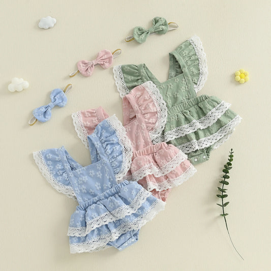 Baby Girls Summer Romper Dress - Flying Sleeve Square Neck Floral Print with Bow Headband (0-18M)